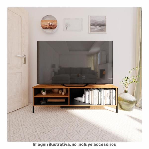 MUEBLE PARA TV 65 IN PRAGA CON ESTRUCTURA METÁLICA RESISTENTE Y AMPLIO ESPACIO DE ALMACENAJE EN COLOR MADERA Y NEGRO