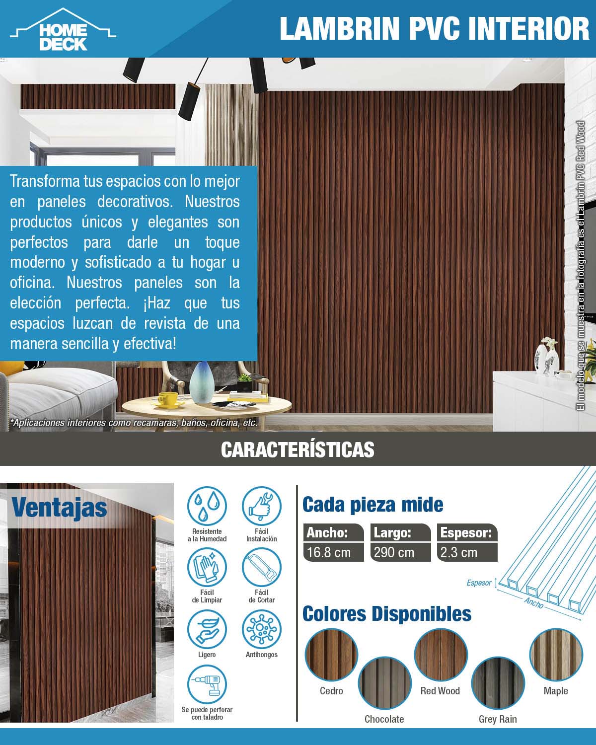 LAMBRIN INTERIOR PVC RED WOOD 16.8 X 290 CM 8 PIEZAS 3.9 M2 | The Home ...