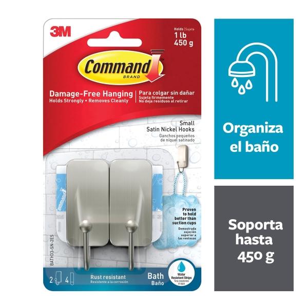GANCHO COMMAND DECORATIVO, NIQUEL, CHICO, 2 PZAS, CON TIRAS RESISTENTES AL AGUA