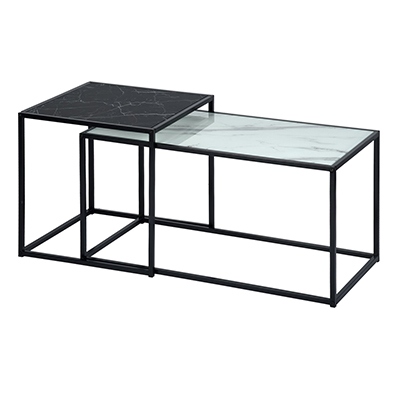 JUEGO DE MESA DE CENTRO RECTANGULAR DE MARMOLEADO VIDRIO EN NEGRO Y BLANCO