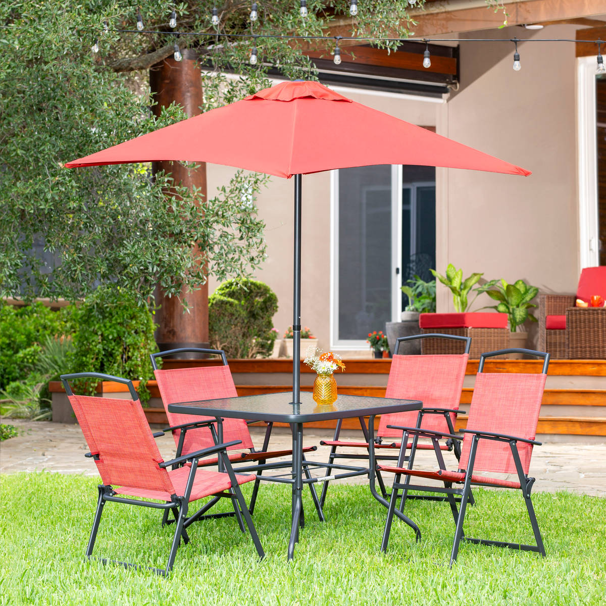 Juego de jardín rojo de metal y vidrio 6 piezas con sombrilla