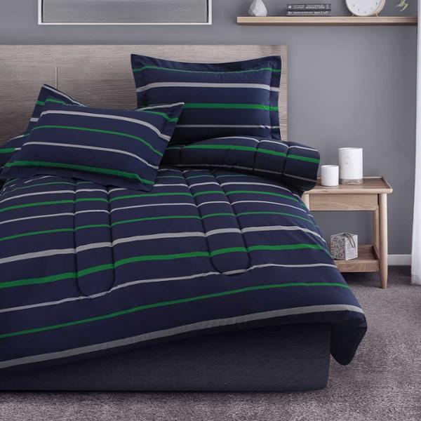 SET DE EDREDÓN CON FUNDAS DECORATIVAS SHEIK MATRIMONIAL 3 PIEZAS MARINO.