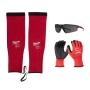 MILWAUKEE COMBO DE SEGURIDAD PARA EL TRABAJO, MANGAS PROTECTORAS, LENTES Y GUANTES.