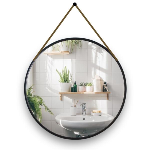 ESPEJO REDONDO MARCO METAL CON CINTURÓN CAFÉ 50CM