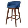 BANCO ALTO CON ASIENTO TAPIZADO EN TERCIOPELO AZUL. ESTRUCTURA DE MADERA