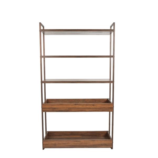 LIBRERO COLOR NOGAL CON 5 MÓDULOS. ESTRUCTURA DE METAL Y TABLEROS DE MADERA MDF