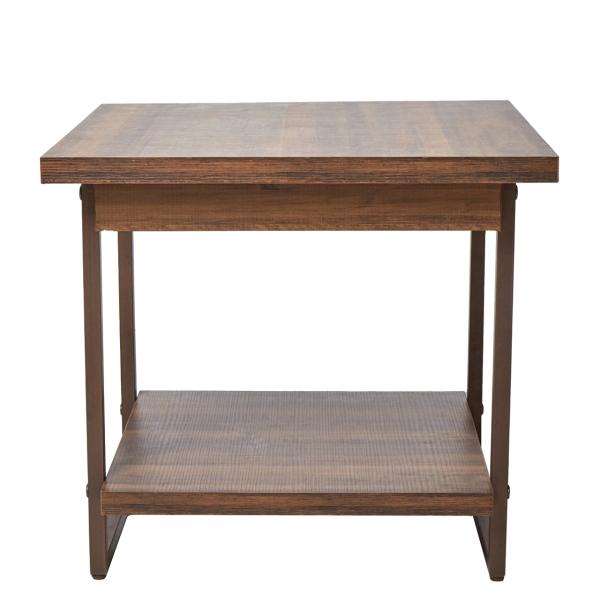 MESA LATERAL AUXILIAR COLOR NOGAL CON 1 ENTREPAÑO, BASE DE METAL Y TABLEROS DE MADERA INDUSTRIAL