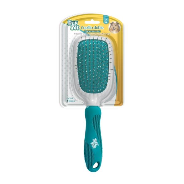 CEPILLO DOBLE PARA MASCOTAS GRANDE DE PLÁSTICO AZUL
