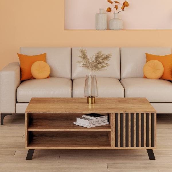 Mesa de Centro Rectangular Gris y Roble con 1 Puerta y 1 Entrepaño Estructura Madera MDF