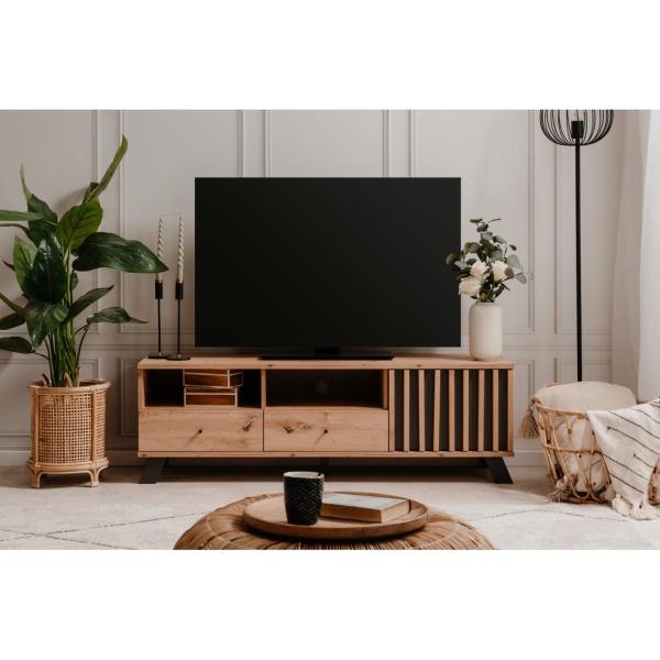 Mueble de TV Negro y Roble con 1 Puerta, 2 Cajones y 2 Compartimentos de Madera Industrializada