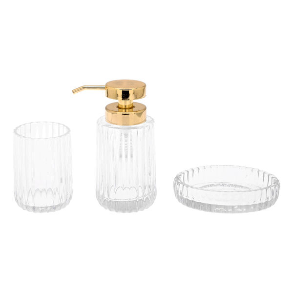 SET DE ACCESORIOS DE BAÑO DE CRISTAL CON ACABADO DORADO SKAB 3 PIEZAS
