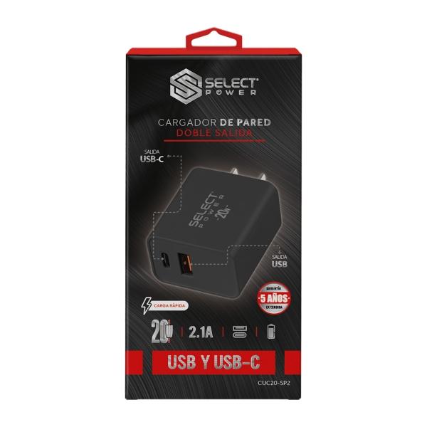 CARGADOR DE PARED DOBLE SALIDA USB Y USBC 20W CUC20SP2