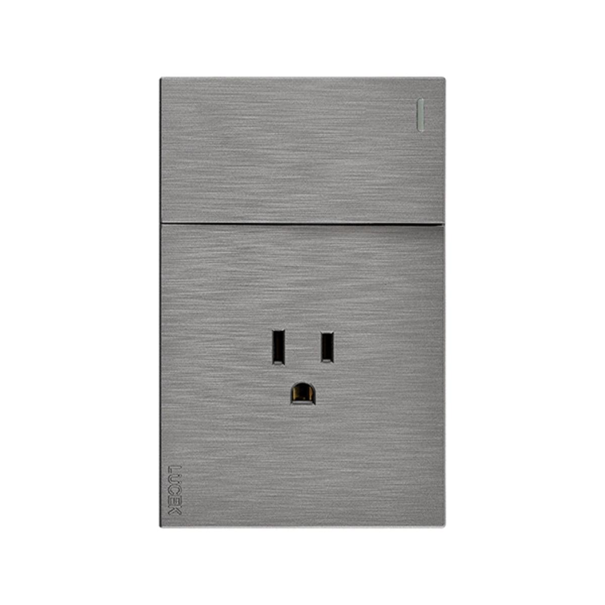 Placa plana con 1 interruptor sencillo y 1 contacto de 1.5 módulos flat plata