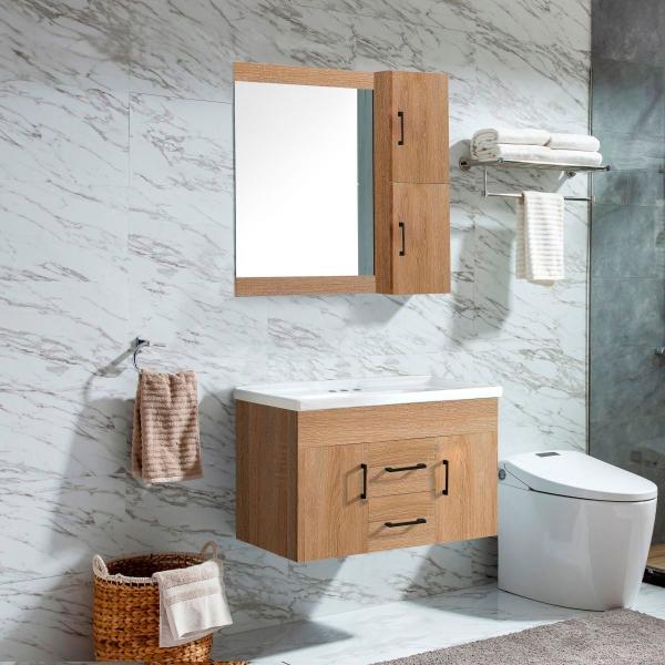 MUEBLE PARA BAÑO FLOTANTE VALENCIA 32" OAK SAND PVC CON LAVAMANOS ESPEJO Y BOTIQUÍN