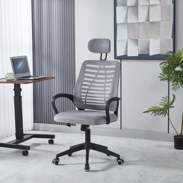SILLA DE OFICINA GRIS CON REPOSACABEZAS