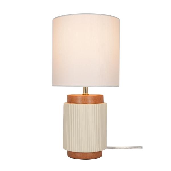 LÁMPARA DE MESA DE 35.5CM CON BASE BLANCA TIPO MADERA Y PANTALLA DE LINO BLANCO