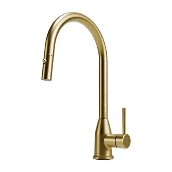 MONOMANDO DE FREGADERO KAMPA, RETRÁTIL CON 2 TIPOS DE CHORROS EN ACABADO DORADO MATE DUNA