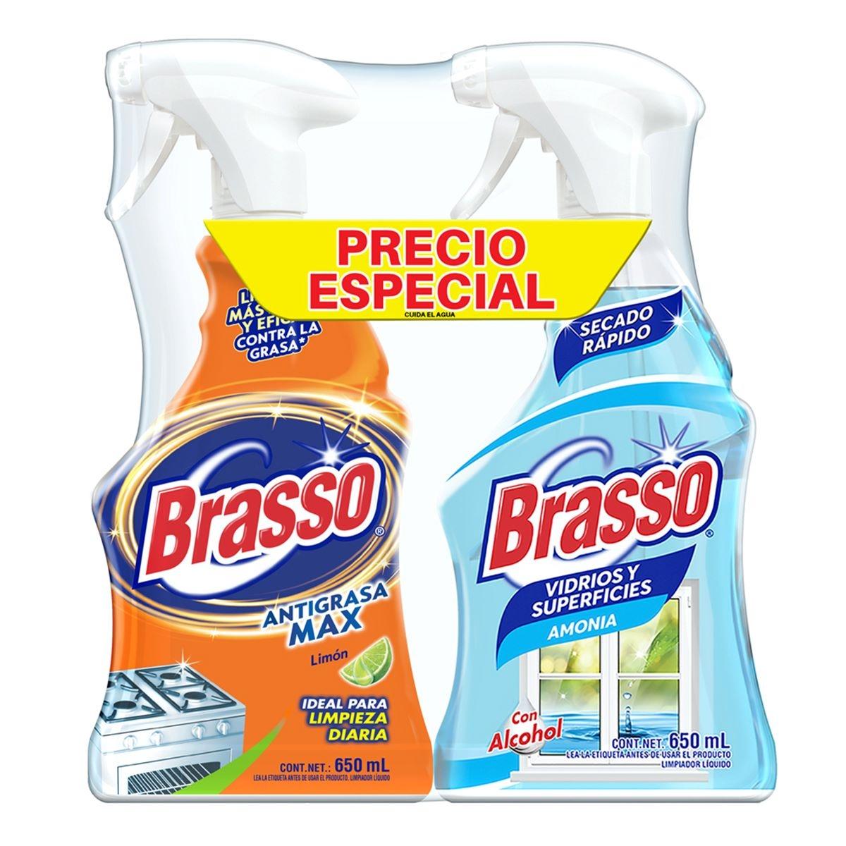 2pack de limpieza para tu cocina: brasso antigrasa max limón y brasso vidrios y sperficies amonia
