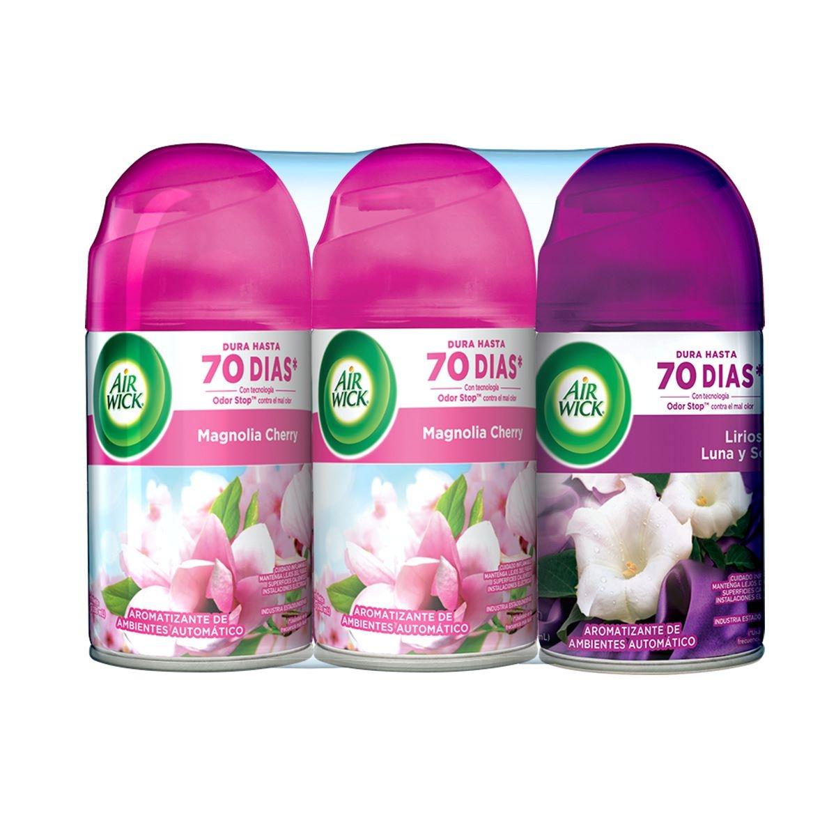 Aromatizante de ambiente automático 3 repuestos con 2 magnolia cherry blossom y 1 lirios de luna y seda de 250ml c/u