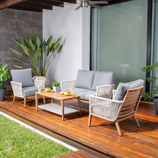 SALA DE JARDÍN DE MADERA Y CUERDA SINTÉTICA 4 PIEZAS