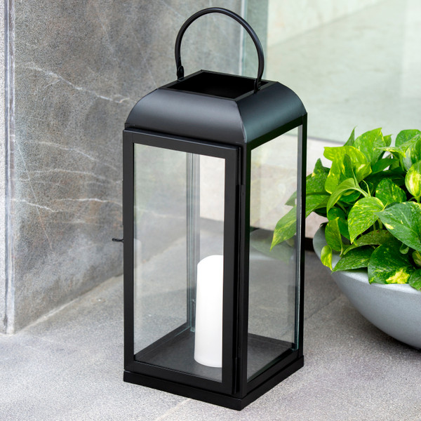 LINTERNA DECORATIVA DE METAL Y VIDRIO COLOR NEGRO 56 CM