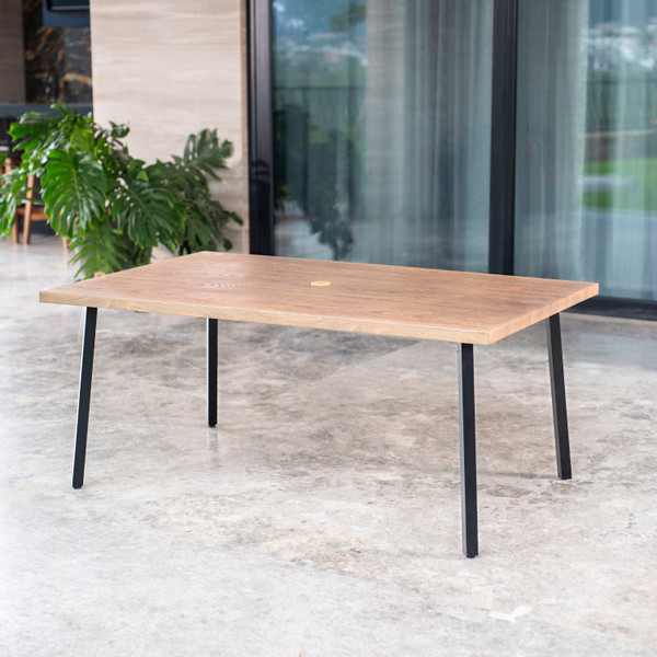 MESA DE JARDÍN RECTANGULAR METAL EFECTO MADERA CON PASACABLES