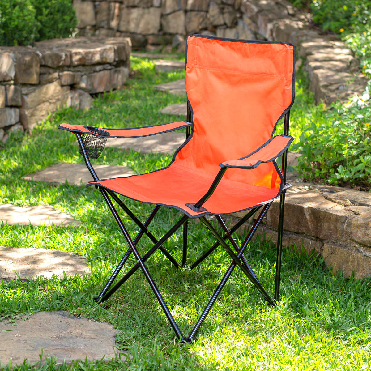 Silla de jardín plegable de metal con portavasos naranja