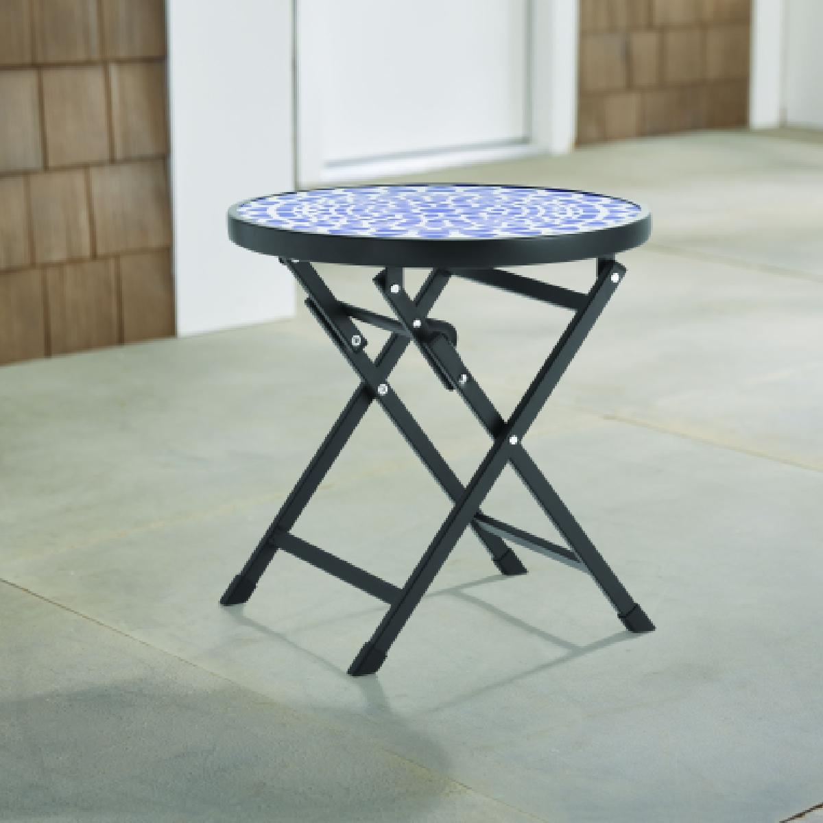 Mesa auxiliar plegable de acero de 17,7 pulgadas de diámetro con tapa de vidrio impreso