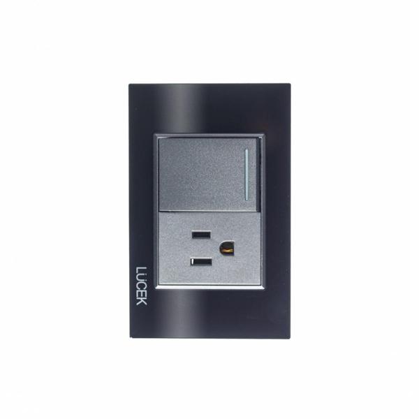 PLACA CON 1 INTERRUPTOR SENCILLO Y 1 CONTACTO DE 1.5 MÓDULOS CRISTAL NEGRO