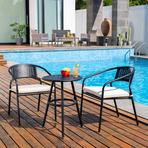 BISTRÓ DE JARDÍN NEGRO METAL 3 PIEZAS CON COJINES BEIGE