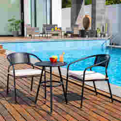 BISTRO DE JARDÍN DRAYCOTT METAL NEGRO 3 PIEZAS CON COJINES BEIGE