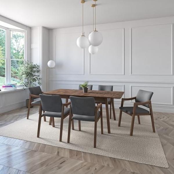 JUEGO DE COMEDOR EXTENSIBLE MAUI DE MADERA DE NOGAL CON 6 SILLAS TAPIZADAS GRIS OSCURO
