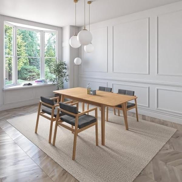 JUEGO DE COMEDOR EXTENSIBLE VERONA DE MADERA DE ROBLE CON 4 SILLAS TAPIZADAS GRIS OSCURO