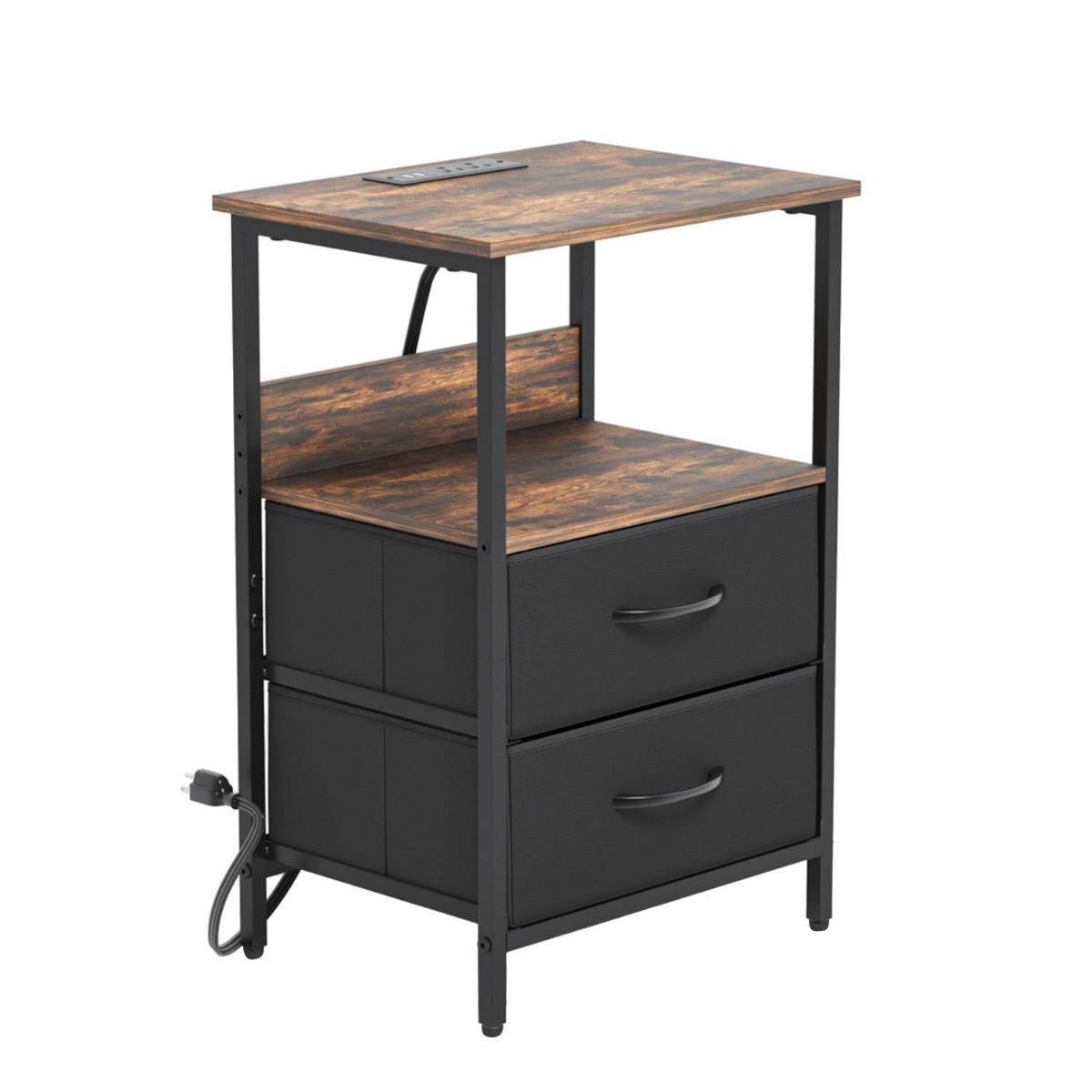 Mesita de noche con luz led y enchufes café vintage