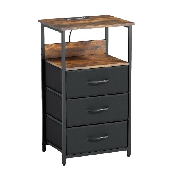 MESITA DE NOCHE CON LUZ LED Y ENCHUFES CAFÉ VINTAGE