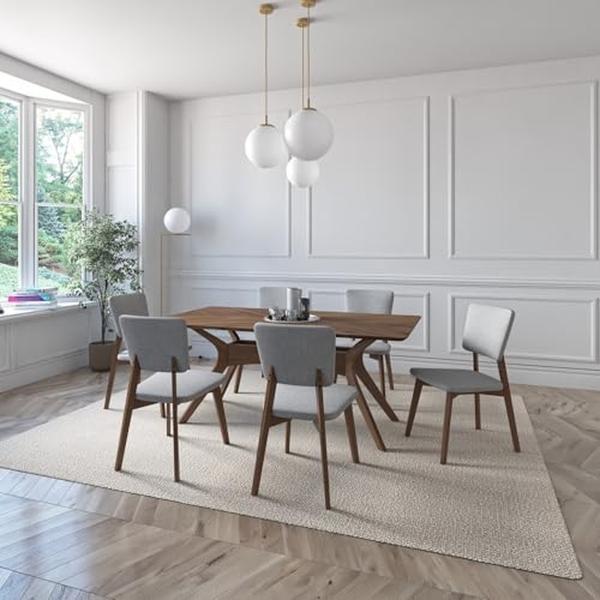 JUEGO DE COMEDOR ASPEN DE MADERA DE NOGAL CON 6 SILLAS TAPIZADAS GRIS CLARO