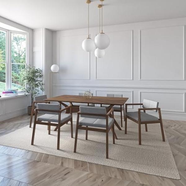 JUEGO DE COMEDOR CAPRI DE MADERA DE NOGAL CON 6 SILLAS TAPIZADAS GRIS CLARO