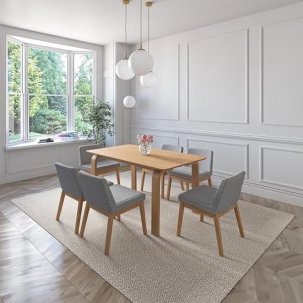 JUEGO DE COMEDOR AMALFI DE MADERA DE ROBLE CON 6 SILLAS TAPIZADAS GRIS CLARO