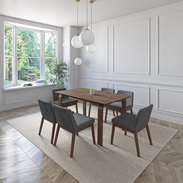 JUEGO DE COMEDOR AMALFI DE MADERA DE NOGAL CON 6 SILLAS TAPIZADAS GRIS OSCURO