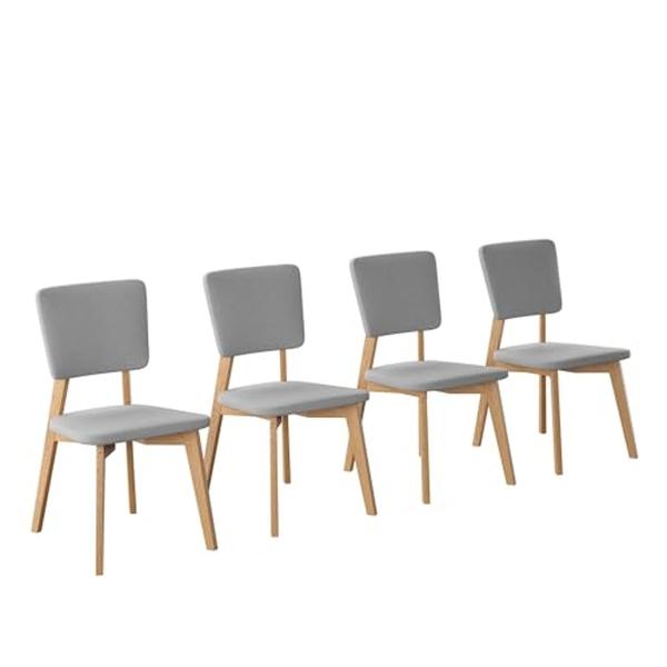 JUEGO DE COMEDOR EXTENSIBLE LIMA DE MADERA DE ROBLE CON 4 SILLAS TAPIZADAS GRIS CLARO