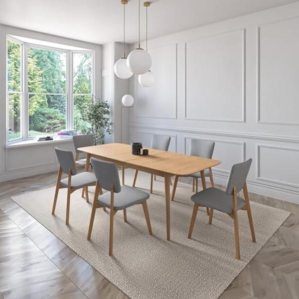 JUEGO DE COMEDOR EXTENSIBLE RIO DE MADERA DE ROBLE CON 6 SILLAS TAPIZADAS GRIS CLARO