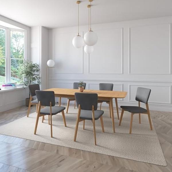 JUEGO DE COMEDOR EXTENSIBLE RIO DE MADERA DE ROBLE CON 6 SILLAS TAPIZADAS GRIS OSCURO