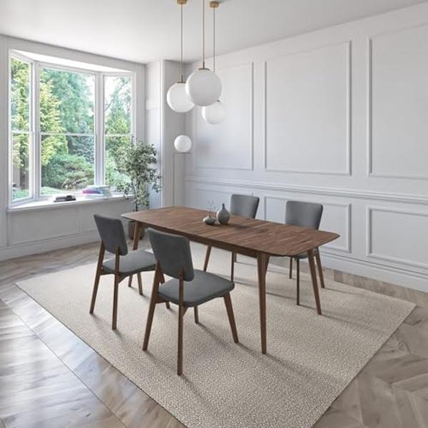 JUEGO DE COMEDOR EXTENSIBLE RIO DE MADERA DE NOGAL CON 4 SILLAS TAPIZADAS GRIS OSCURO