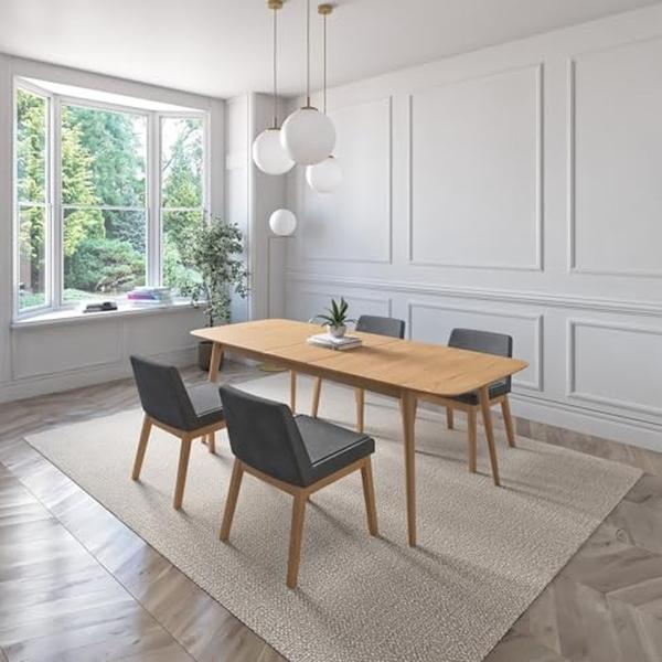 JUEGO DE COMEDOR EXTENSIBLE CALI DE MADERA DE ROBLE CON 4 SILLAS TAPIZADAS GRIS OSCURO