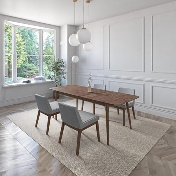 JUEGO DE COMEDOR EXTENSIBLE CALI DE MADERA DE NOGAL CON 4 SILLAS TAPIZADAS GRIS CLARO