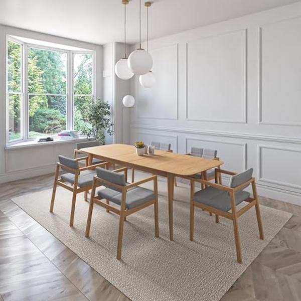 JUEGO DE COMEDOR EXTENSIBLE PRAGA DE MADERA DE ROBLE CON 6 SILLAS TAPIZADAS GRIS CLARO