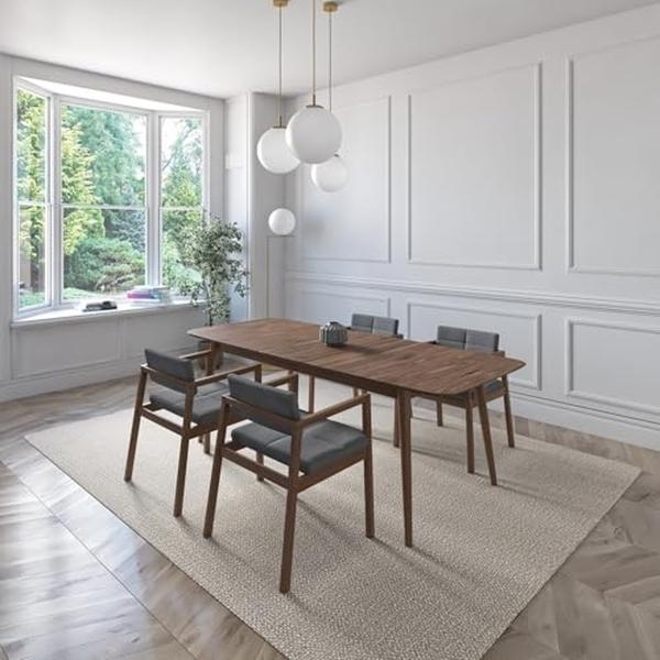 JUEGO DE COMEDOR EXTENSIBLE PRAGA DE MADERA DE NOGAL CON 4 SILLAS TAPIZADAS GRIS OSCURO