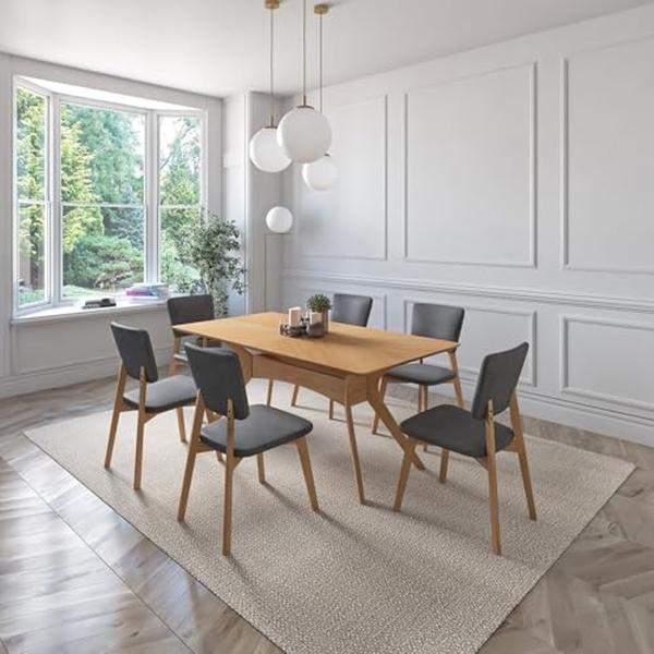 JUEGO DE COMEDOR ASPEN DE MADERA DE ROBLE CON 6 SILLAS TAPIZADAS GRIS OSCURO