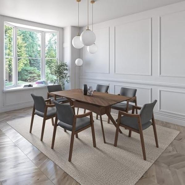 JUEGO DE COMEDOR IBIZA DE MADERA DE NOGAL CON 6 SILLAS TAPIZADAS GRIS OSCURO