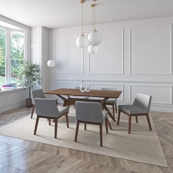 JUEGO DE COMEDOR LISBOA DE MADERA DE NOGAL CON 6 SILLAS TAPIZADAS GRIS CLARO